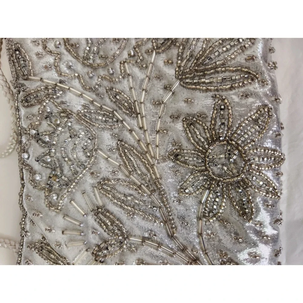 Vintage Valerie Stevens Silver Hand-Beaded Evening Bag‎ Braided Strap 8
